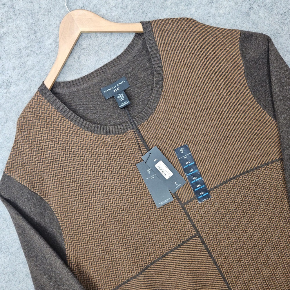 NEW Shaquille O'Neal Sweater Men's 4XL Brown Herringbone Colorblock Crewneck NWT